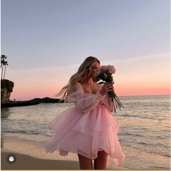 Selkie Ballerina Pink Long Sleeve Tiered Chiffon Puff Mini Moonlight Dress - Picture 2 of 10